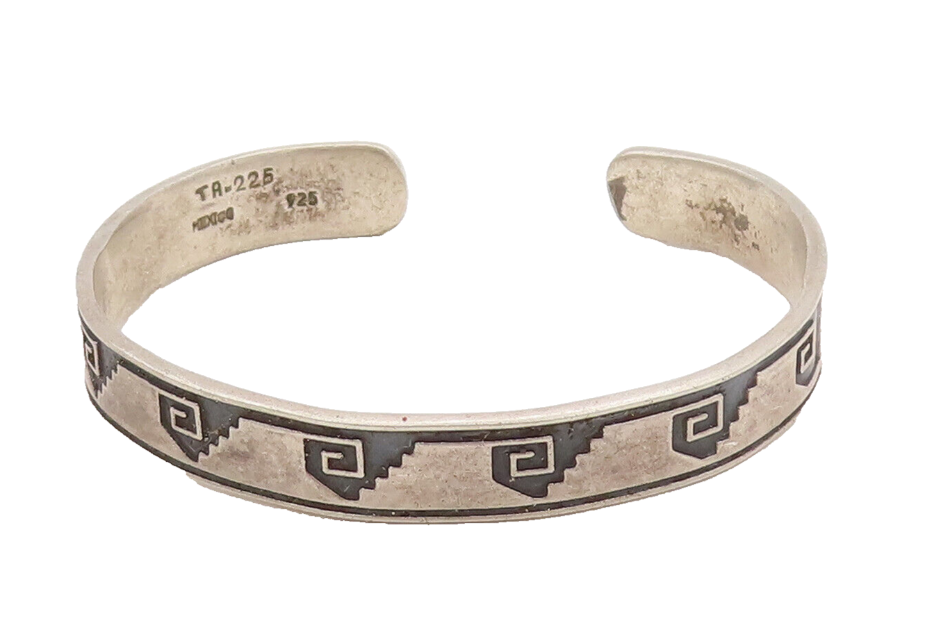925 Sterling Silver Vintage Bracelet MEXICO Brutalist Etched Adjustable  BT10162