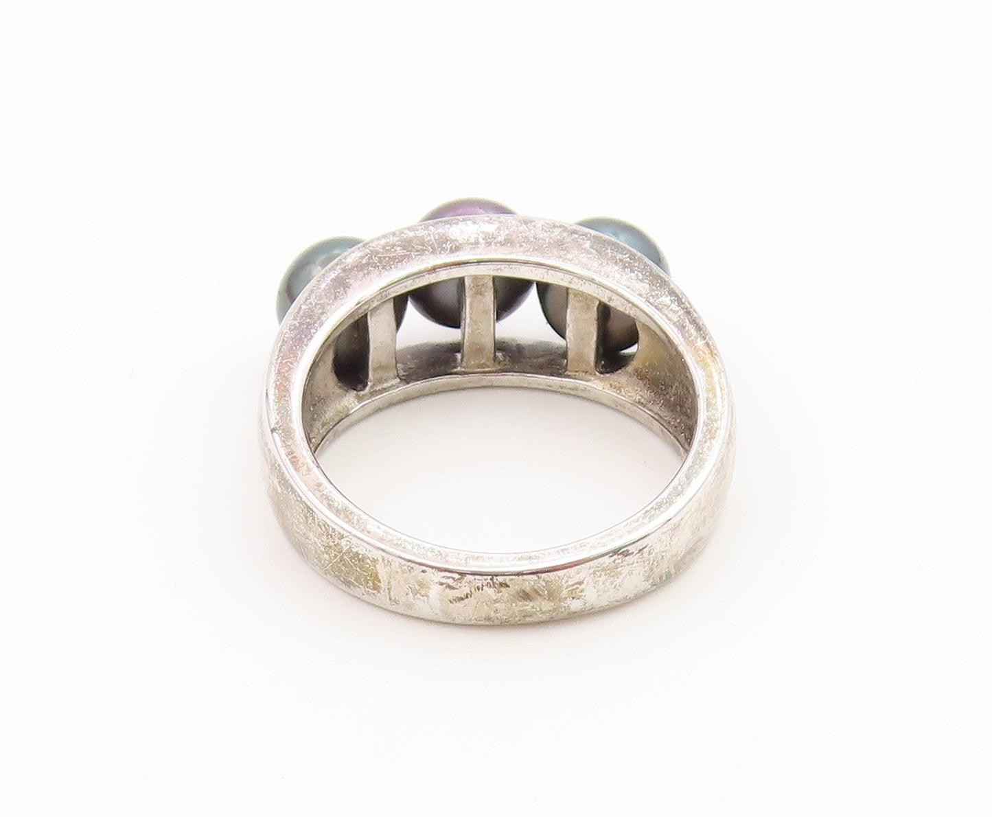 925 Sterling Silver Vintage Ring Modernist Triple Pearl Band  Sz 8  RG36940