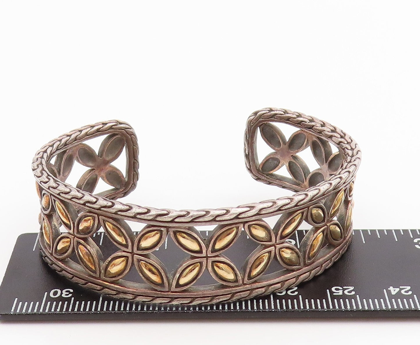 18k Gold 925 Sterling Silver Vintage Bracelet JOHN HARDY Floral Cut Cuff BT10999