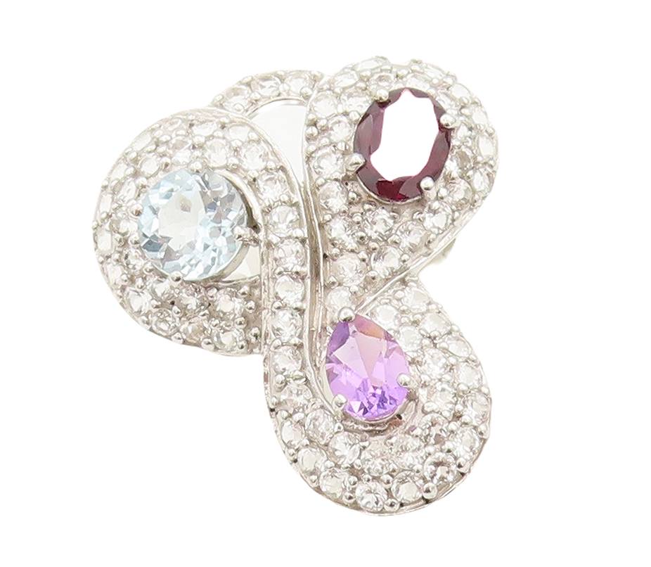 925 Sterling Silver Vintage Ring Multi Shaped Gemstone & CZ  Sz 7.5  RG29040