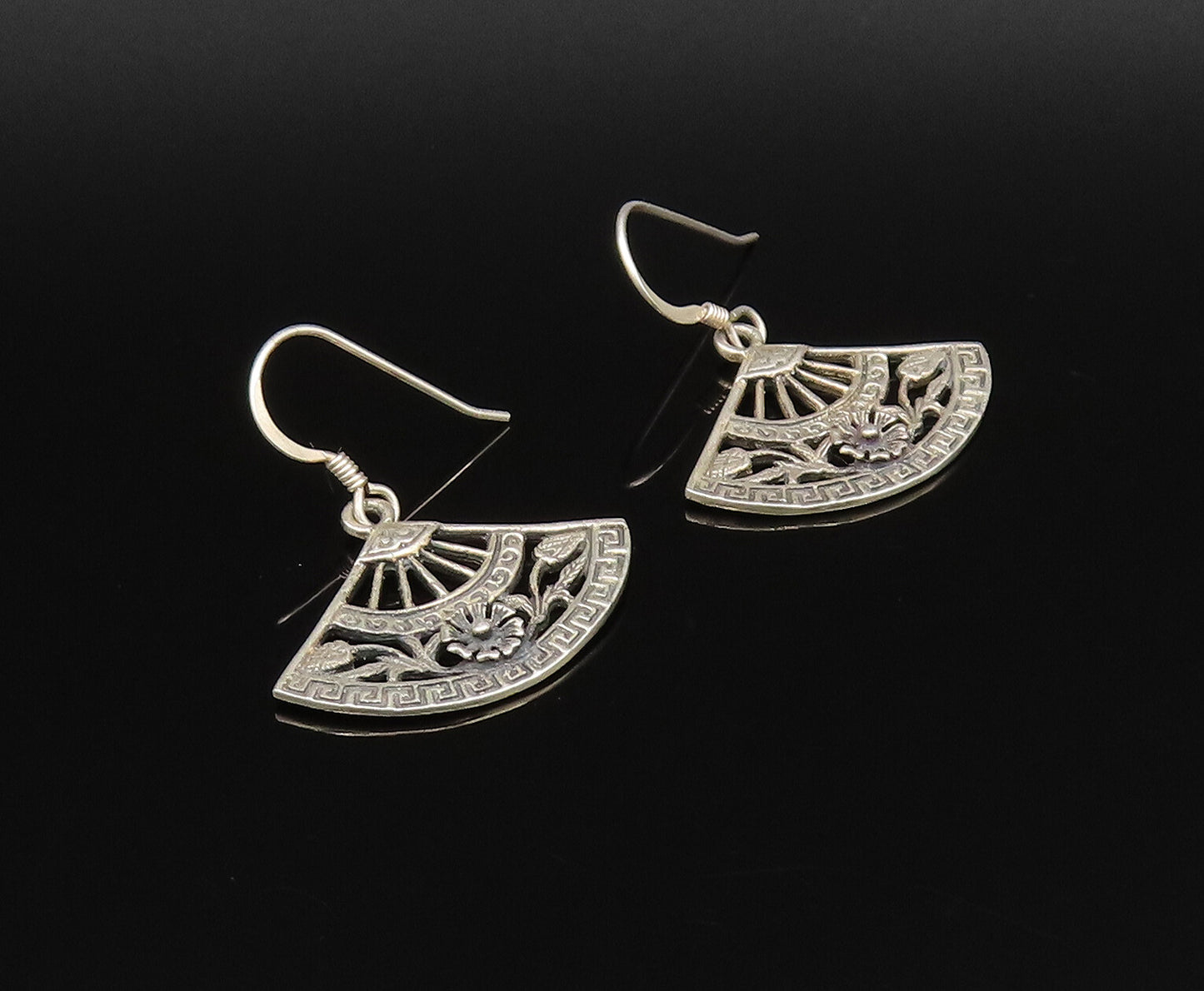 925 Silver  Vintage Engraved Detail Floral Vine Half Circle Earrings  EG12042