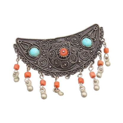 925 Sterling Silver Vintage Brooch ISRAEL Antique Turquoise & Carnelian  BP11653