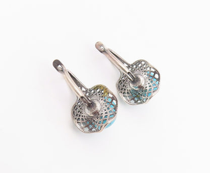 925 Sterling Silver Vintage Earrings Turquoise Geometric Openwork Drop  EG14217