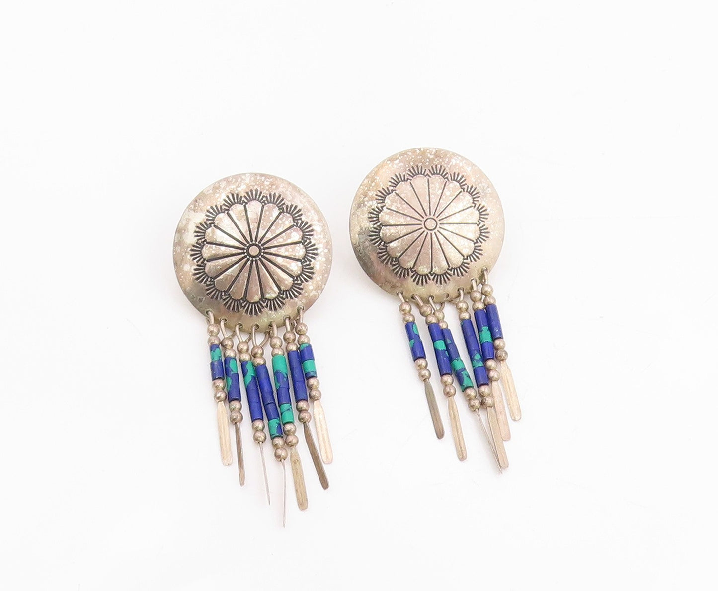 925 Sterling Silver Vintage Earrings SOUTHWESTERN Beaded Concho Dangles EG13732