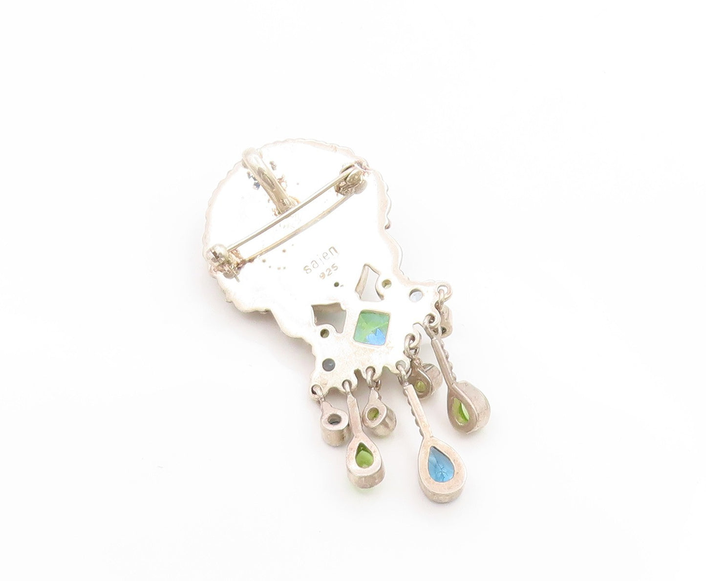 925 Sterling Silver Vintage Brooch Pin SAJEN Multi Gemstone Bali Goddess BP12255