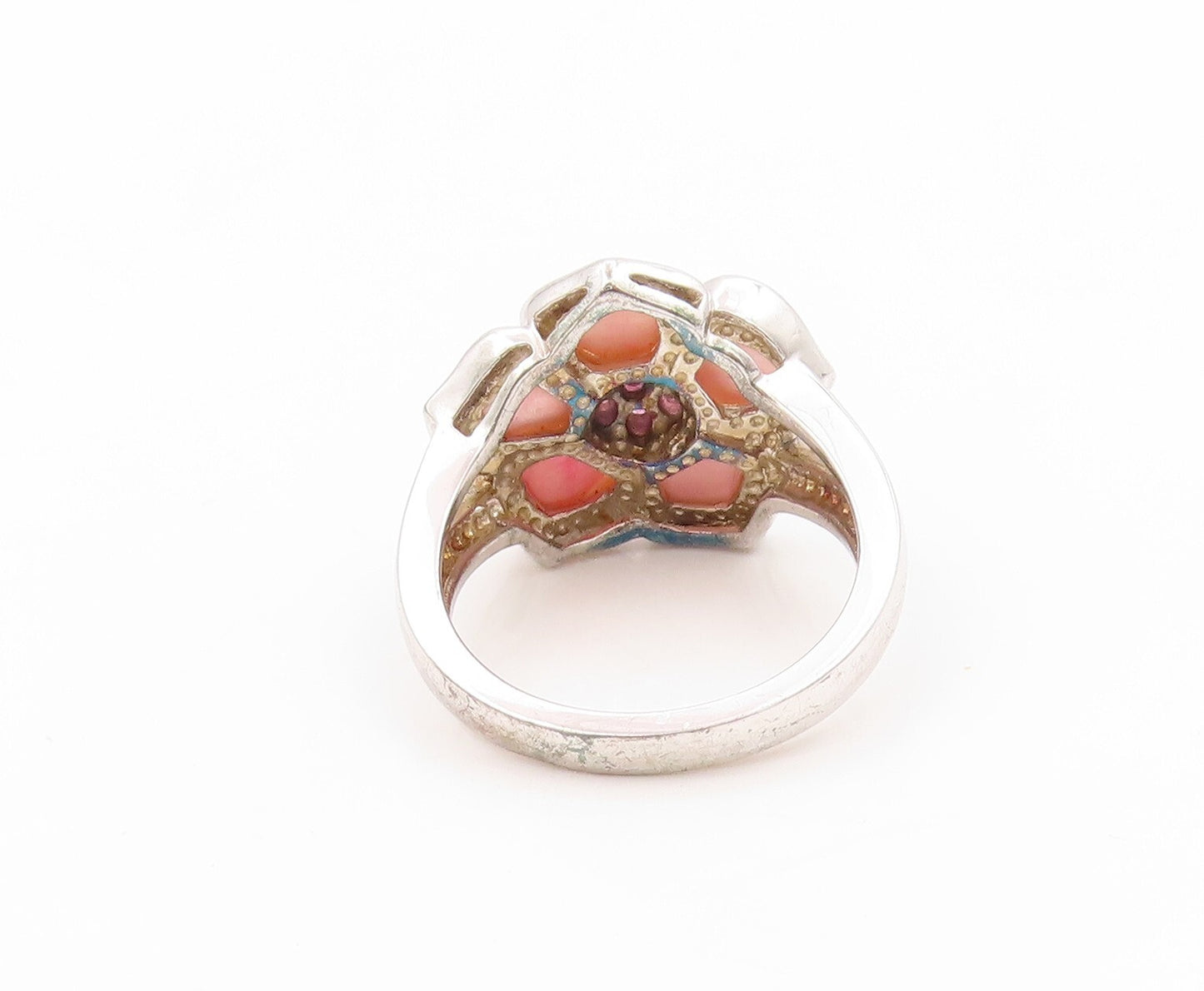 925 Sterling Silver Vintage Ring Designer Pink Cat Eye & CZ Flower SZ 8  RG31991