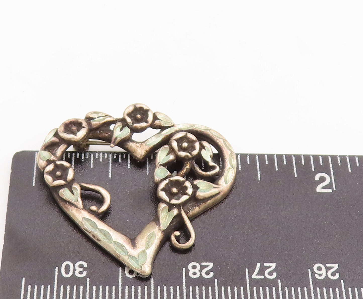 925 Sterling Silver Vintage Brooch Pin Solid Cutout Floral Love Heart  BP11085