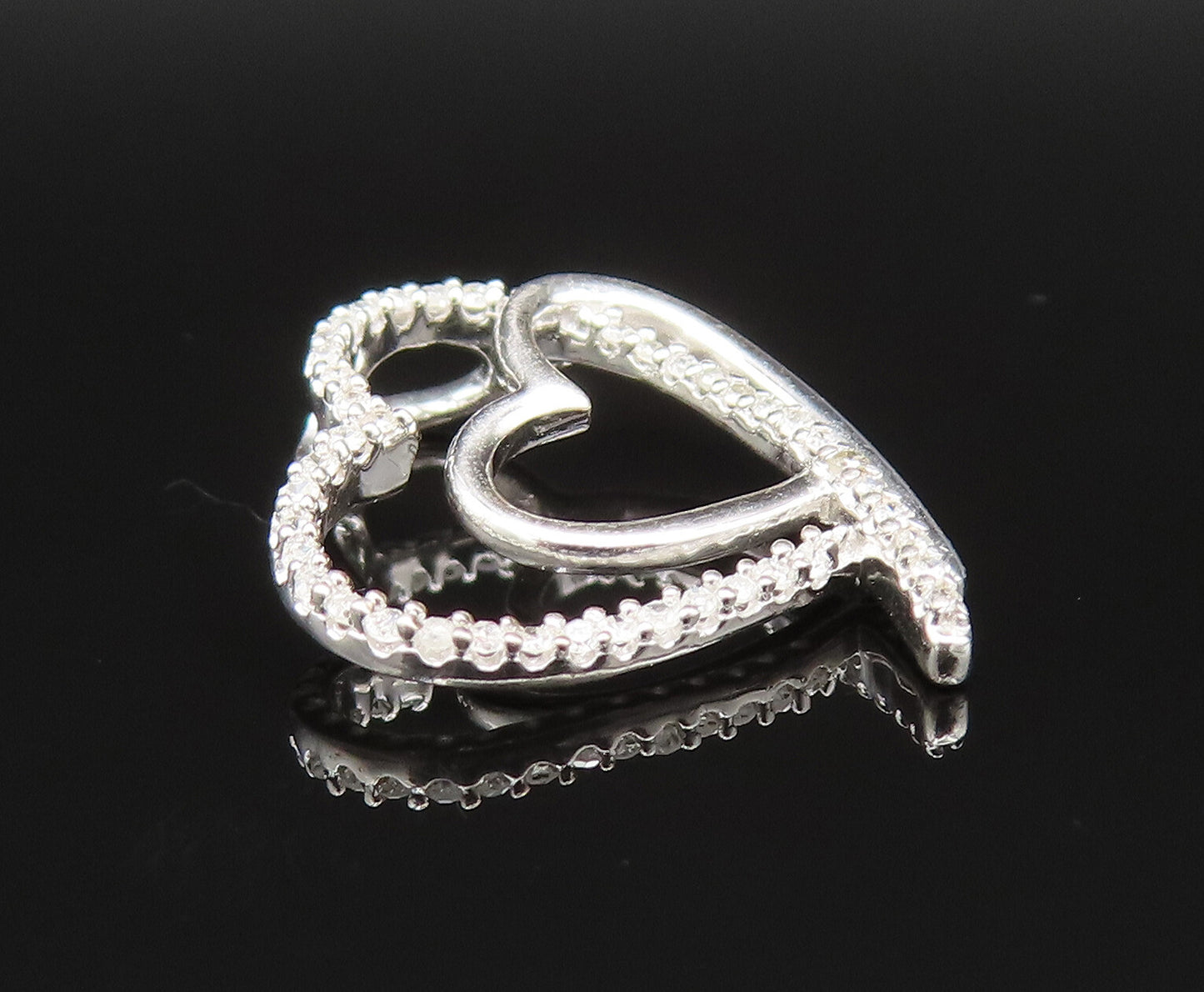 925 Silver  Vintage Genuine Diamonds Double Open Love Heart Pendant  PT20934