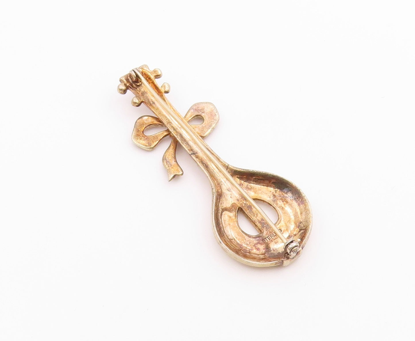 925 Sterling Silver  Vintage Antique Topaz Ribbon Bow Banjo Brooch Pin  BP8475