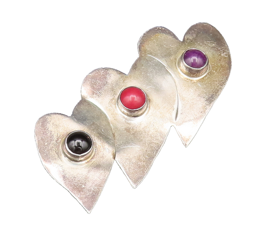 MEXICO 925 Silver  Vintage Onyx Amethyst & Coral Heart Brooch Pin  BP10086