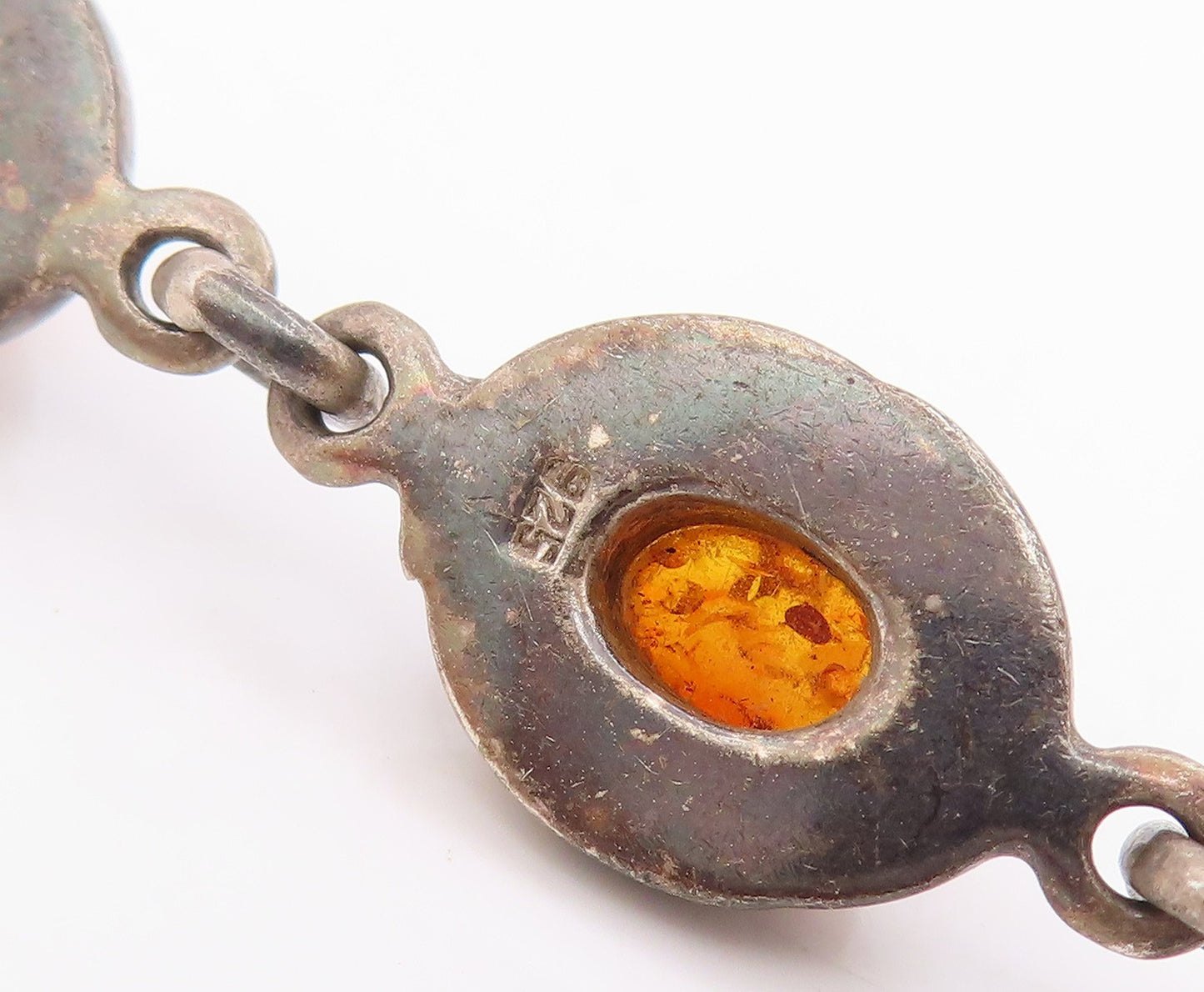 925 Sterling Silver Vintage Bracelet Cabochon Honey Amber Solid Link  BT11697