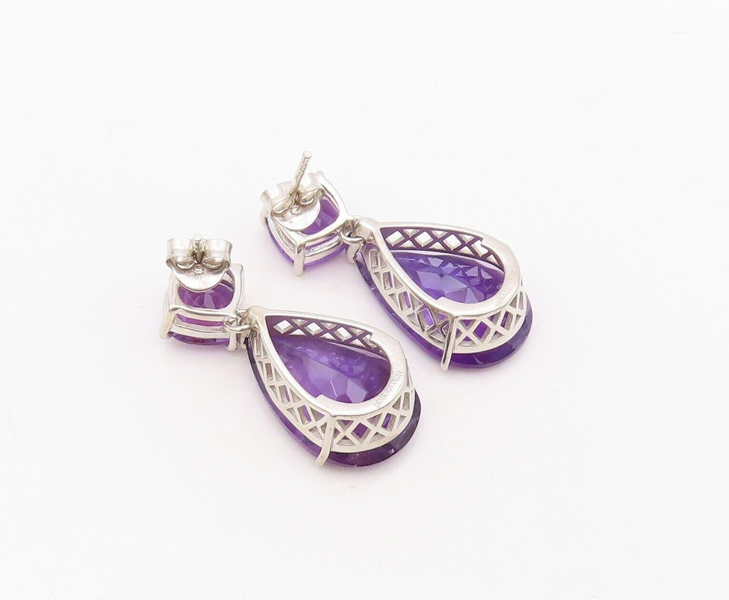 925 Sterling Silver Vintage Earrings Square & Drop Cut Dangling Amethyst EG13156