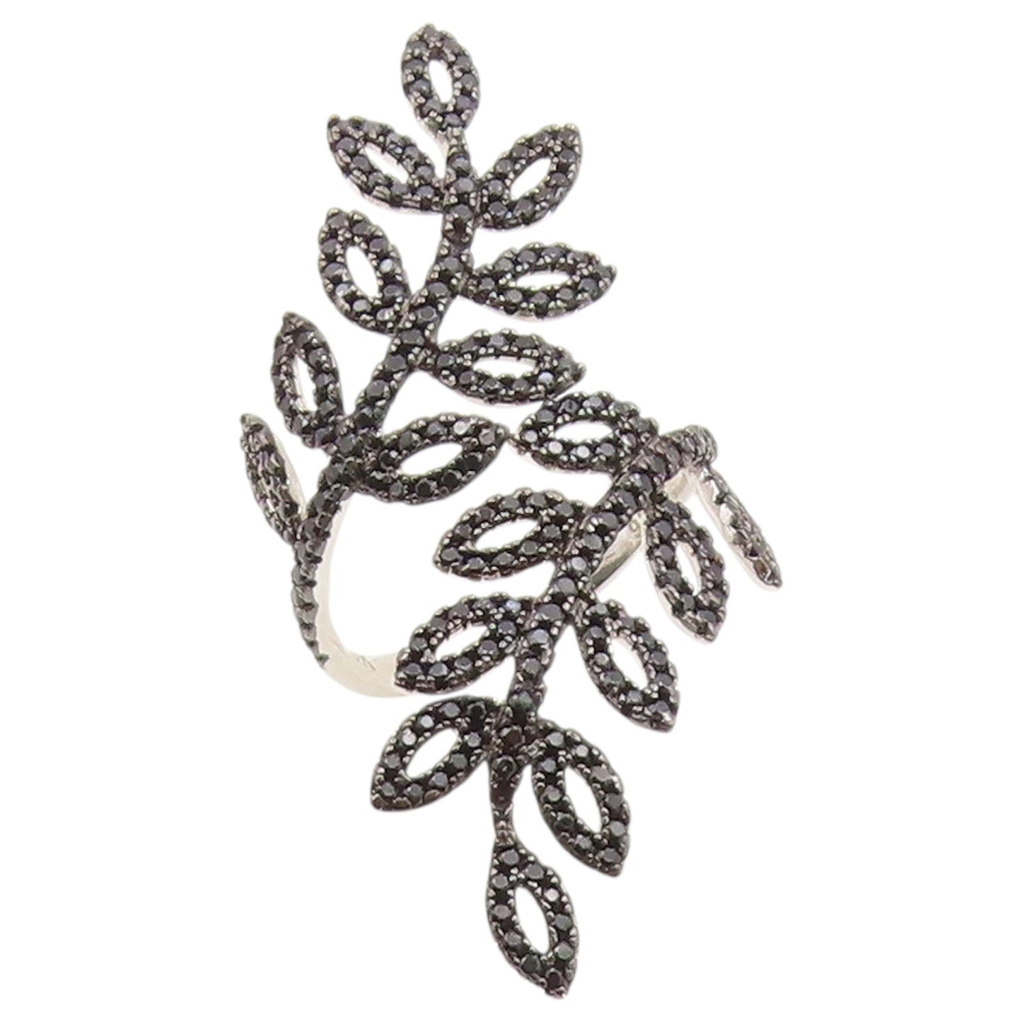 925 Sterling Silver Vintage Ring Elegant Black Spinel Leaf Bypass  Sz 9  RG36637