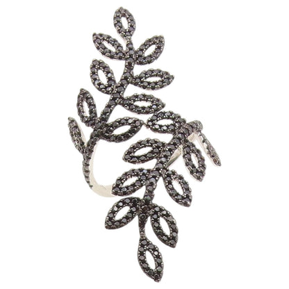 925 Sterling Silver Vintage Ring Elegant Black Spinel Leaf Bypass  Sz 9  RG36637