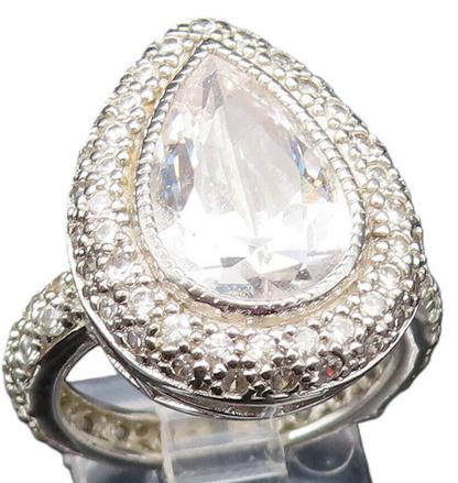 925 Sterling Silver Vintage Cubic Zirconia Pear Shaped Halo Ring Sz 7.5 RG25497