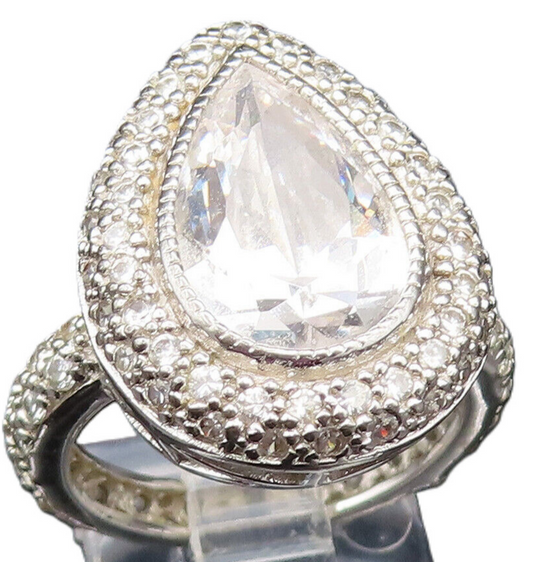 925 Sterling Silver Vintage Cubic Zirconia Pear Shaped Halo Ring Sz 7.5 RG25497