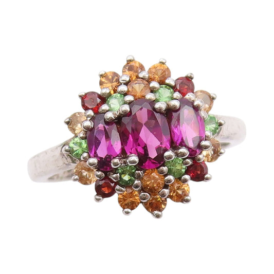 925 Sterling Silver Vintage Ring Multi Color CZ Floral Inlay  SZ 8  RG32106