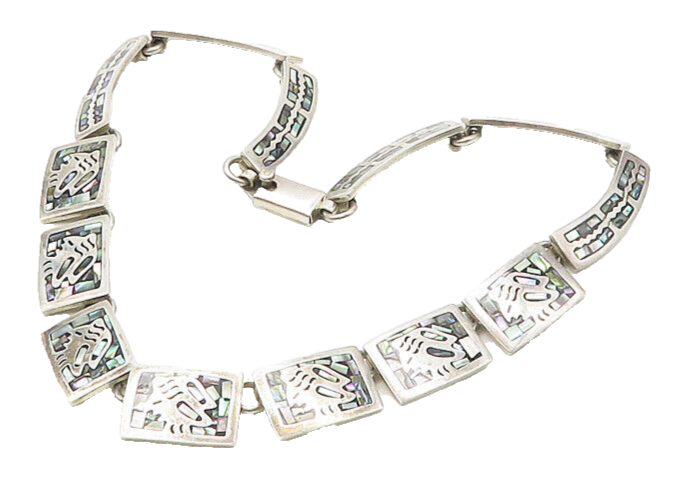 MEXICO 925 Sterling Silver  Vintage Abalone Mosaic Chain Necklace  NE2988