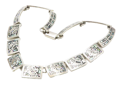 MEXICO 925 Sterling Silver  Vintage Abalone Mosaic Chain Necklace  NE2988