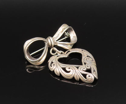 925 Silver  Vintage Dainty Bow Tie Dangle Scroll Love Heart Brooch Pin  BP9759
