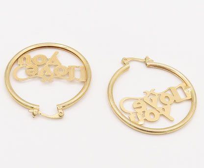 925 Silver  Vintage Gold Plated I Love You Cutout Hoop Earrings  EG12316