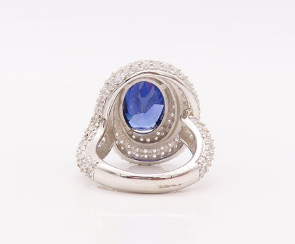925 Sterling Silver Vintage Ring Oval Cut Sapphire Halo Topaz  Sz 7.5  RG29905