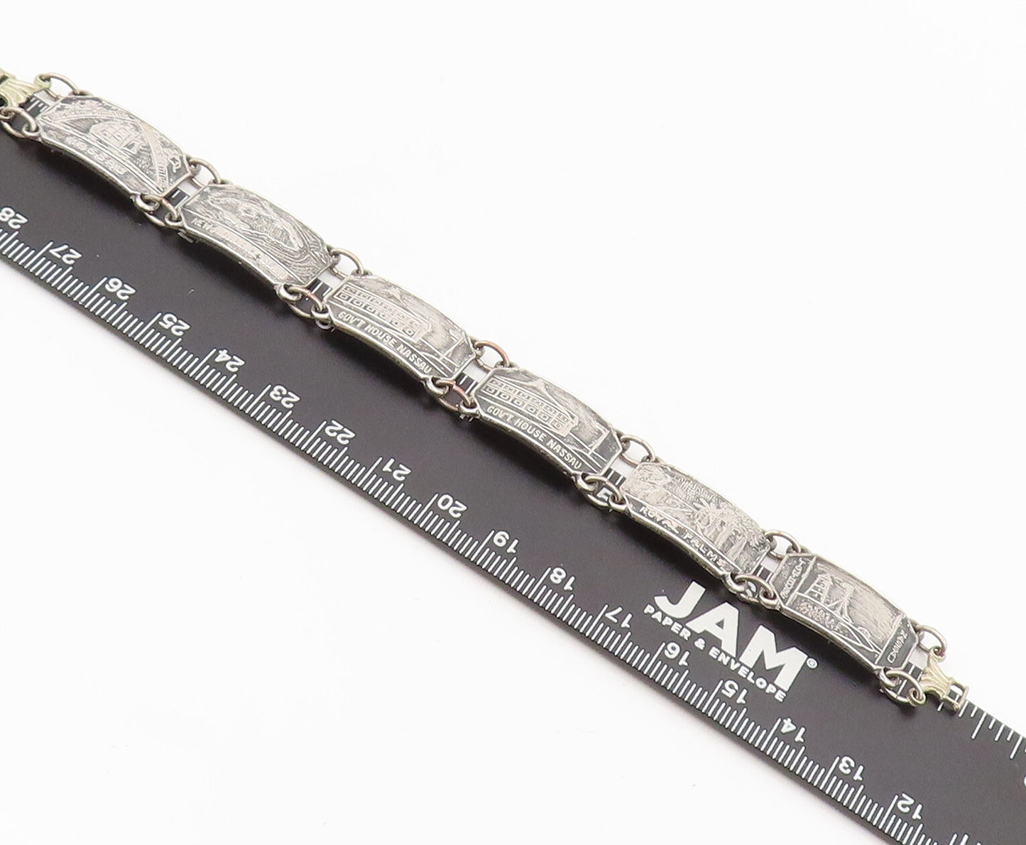 BMCO 925 Silver  Vintage Nassau Carved Landscape Souvenir Bracelet  BT10142