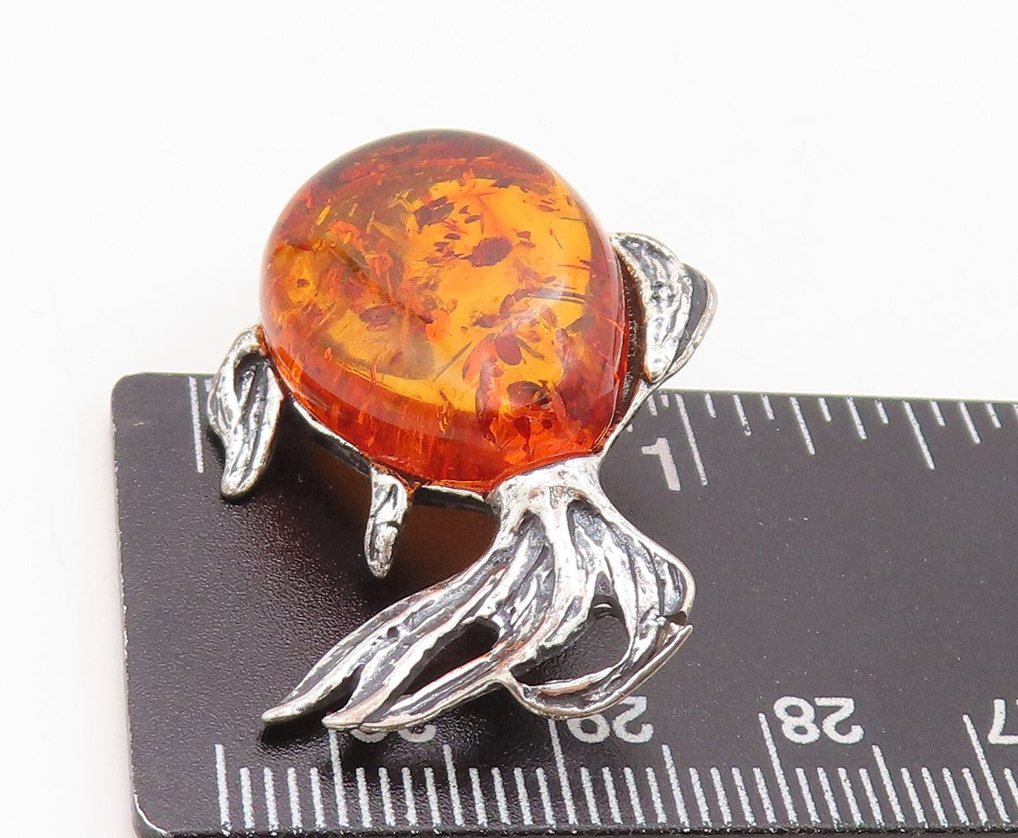 925 Sterling Silver Vintage Brooch Pin Designer Honey Amber Fish  BP11269