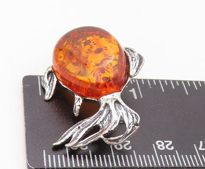 925 Sterling Silver Vintage Brooch Pin Designer Honey Amber Fish  BP11269