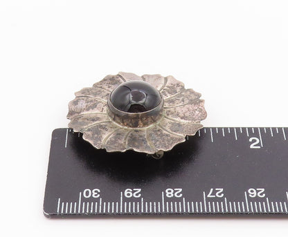 925 Sterling Silver Vintage Brooch Pin Cabochon Onyx Floral Sunburst  BP12517