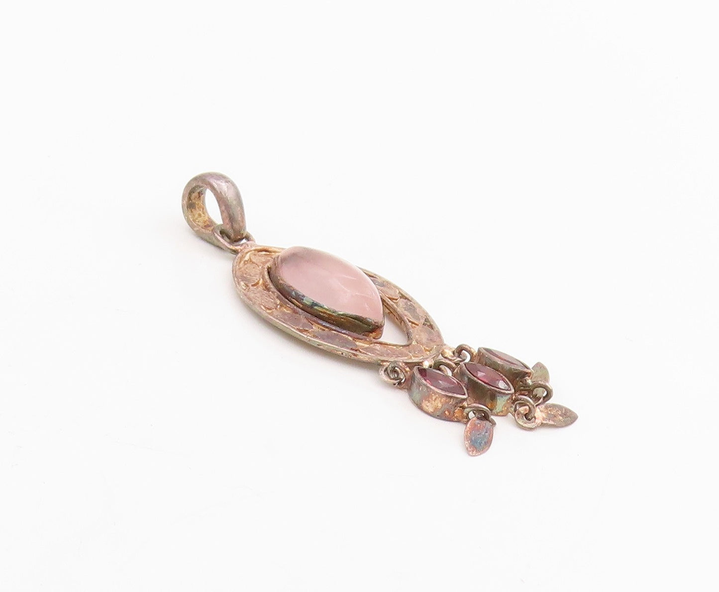925 Sterling Silver Vintage Pendant Cabochon Rose Quartz Bohemian Dangle PT25573