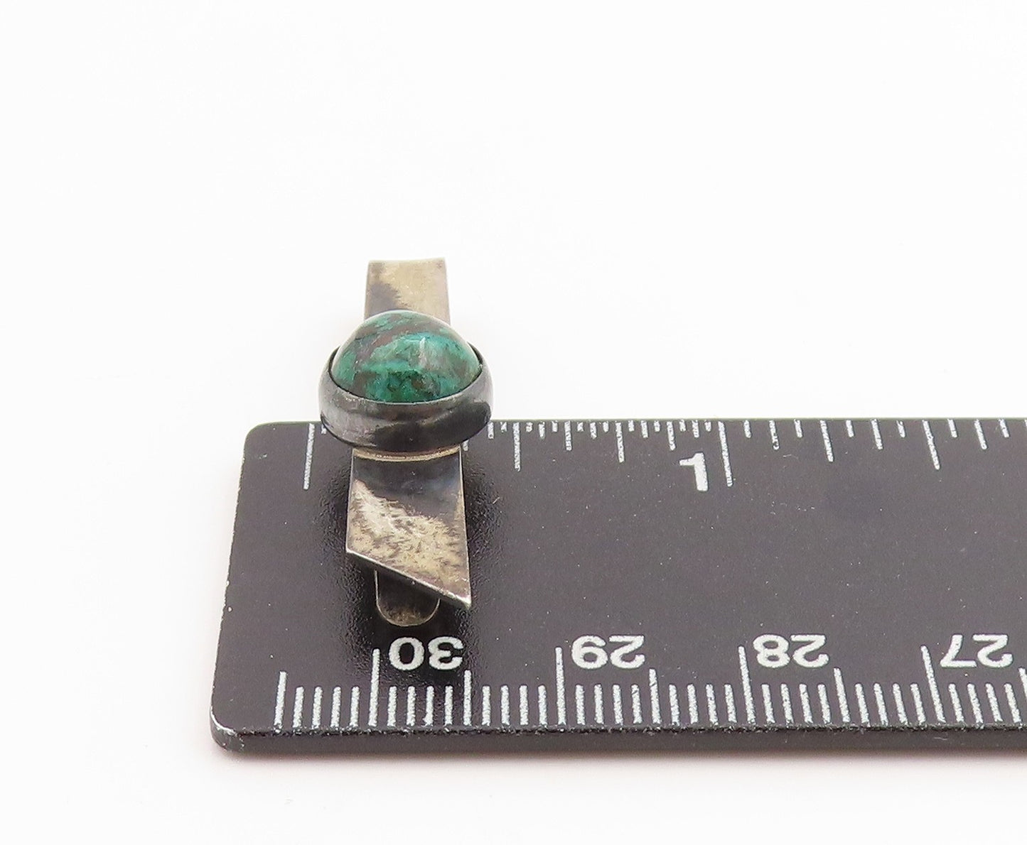 925 Sterling Silver Vintage Tie Clip ISRAEL Round Cabochon Malachite Pin  TR4026