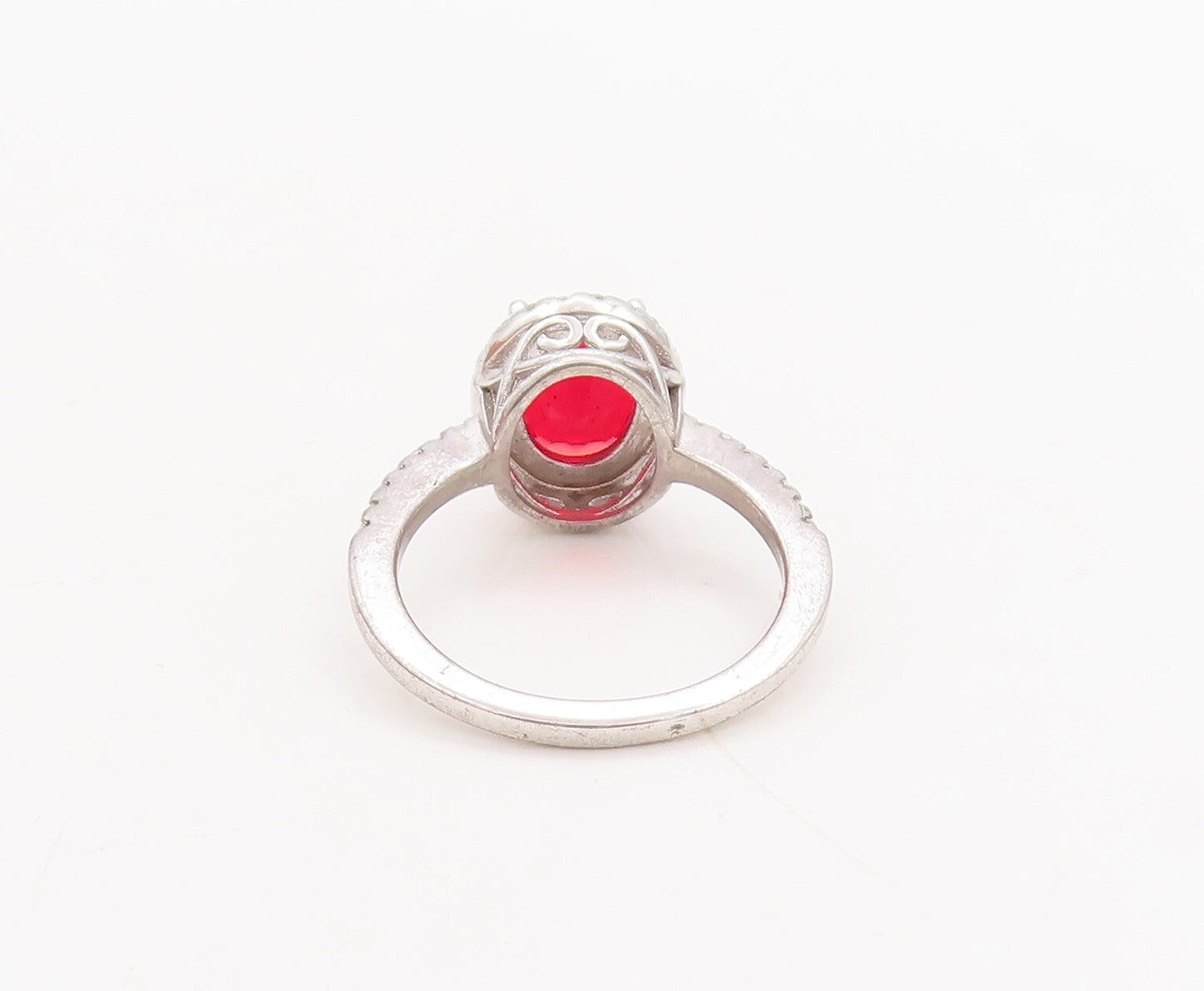 925 Sterling Silver Vintage Ring Oval Cut Red Halo White CZ  Sz 6  RG29759