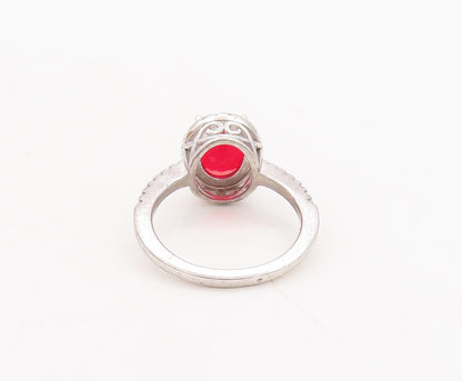 925 Sterling Silver Vintage Ring Oval Cut Red Halo White CZ  Sz 6  RG29759