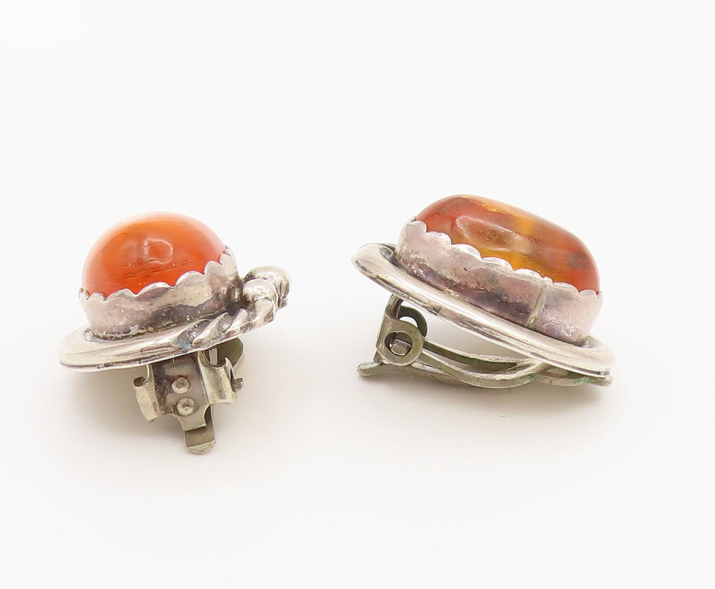 925 Silver  Vintage Beaded & Ribbed Edge Amber Clip Back Earrings  EG12370