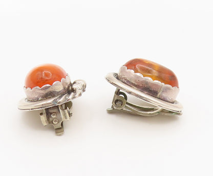 925 Silver  Vintage Beaded & Ribbed Edge Amber Clip Back Earrings  EG12370