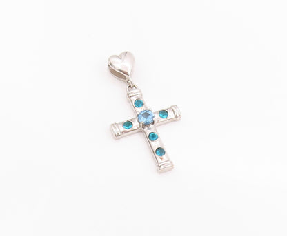 925 Sterling Silver Vintage Pendant Blue Topaz Religious Cross & Heart  PT24914