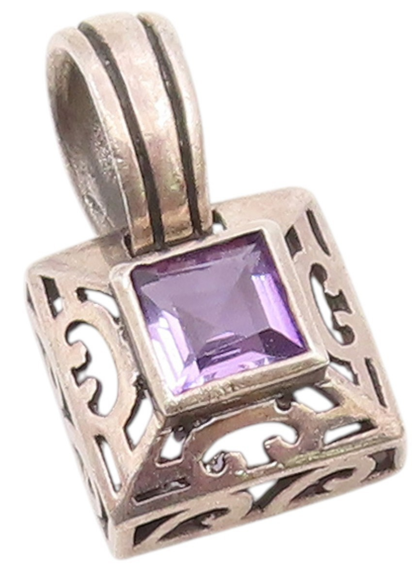 925 Sterling Silver  Vintage Amethyst Cutout Square Dome Pendant  PT17412