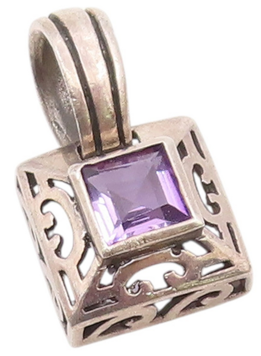 925 Sterling Silver  Vintage Amethyst Cutout Square Dome Pendant  PT17412