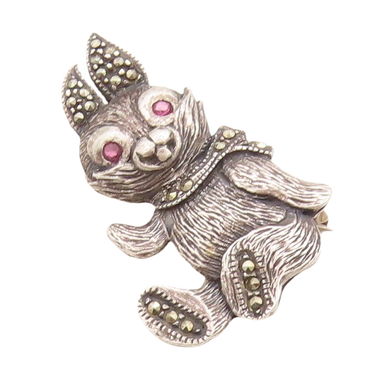 925 Sterling Silver Vintage Brooch Pin Dark Tone Marcasite & CZ Bunny  BP11320