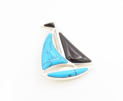 925 Sterling Silver Vintage Brooch MEXICO Turquoise & Onyx Sailboat Pin  BP12016