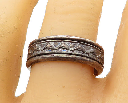 MEXICO 925 Sterling Silver  Vintage Oxidized Dolphin Spinner Ring Sz 10 RG4721