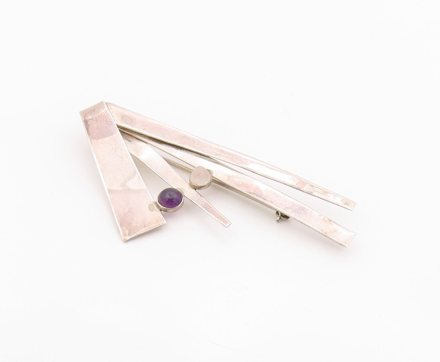 925 Sterling Silver Vintage Brooch Amethyst & Rose Quartz Modernist Pin  BP12575