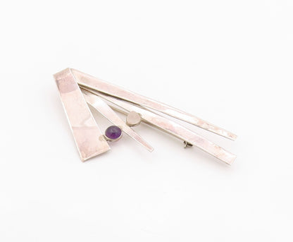 925 Sterling Silver Vintage Brooch Amethyst & Rose Quartz Modernist Pin  BP12575