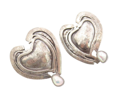 925 Sterling Silver Vintage Earrings SACHS Dark Tone Pearl Heart  EG13373