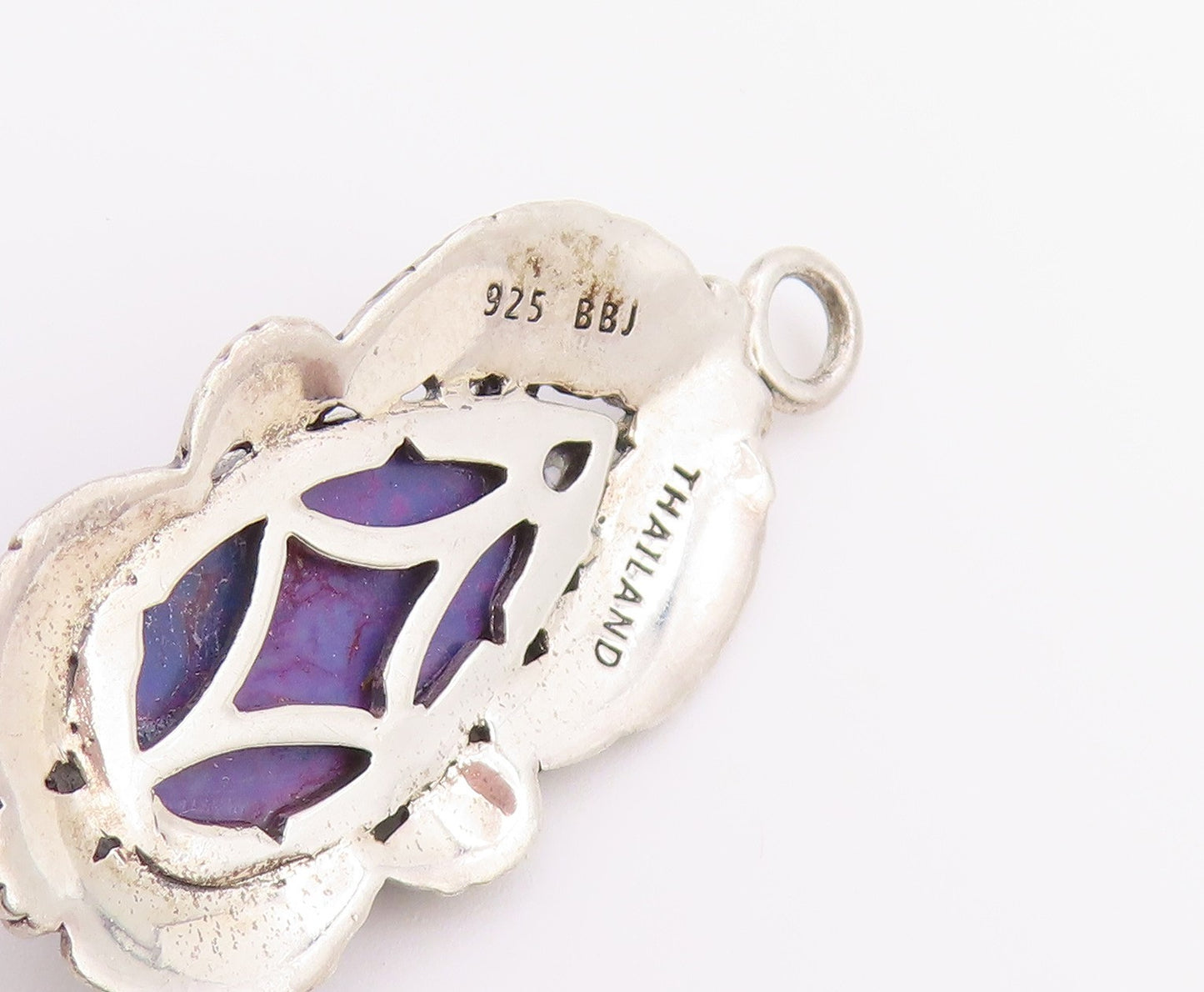 925 Sterling Silver Vintage Pendant Purple Turquoise Etched Leaf Drop  PT26525
