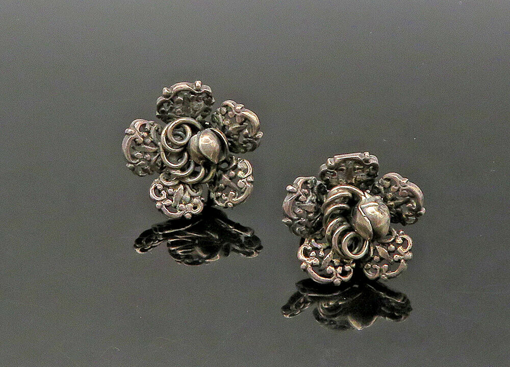 925 Sterling Silver  Vintage Antique Flower Motif Non Pierce Earrings  EG10819
