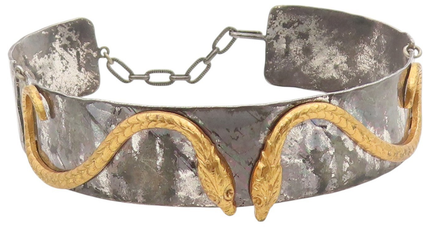 925 Sterling Silver Vintage Bracelet Two Tone Carved Serpentine Cuff  BT11576