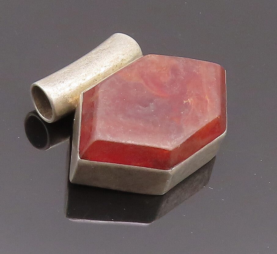 925 Sterling Silver Vintage Pendant MEXICO Solid Hexagonal Brown Marble  PT22751
