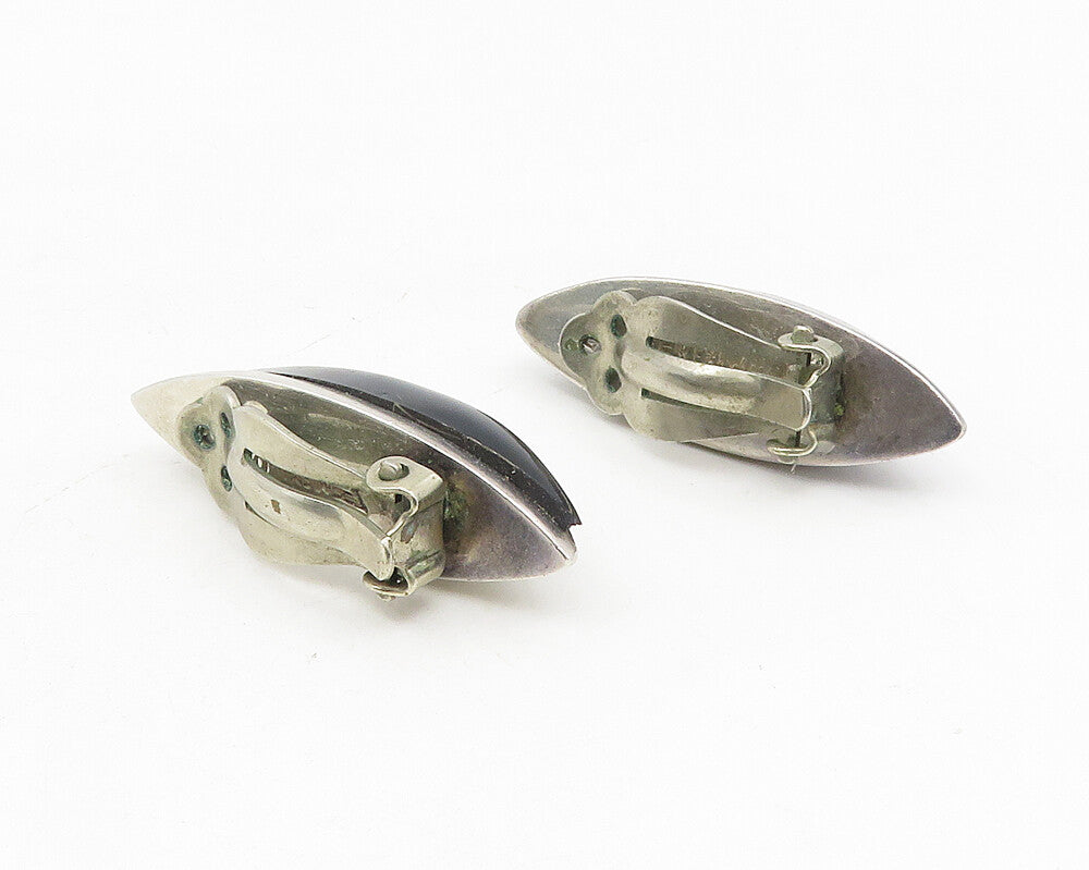 GMH MEXICO 925 Silver  Vintage Inlaid Onyx Dome Non Pierce Earrings  EG5565